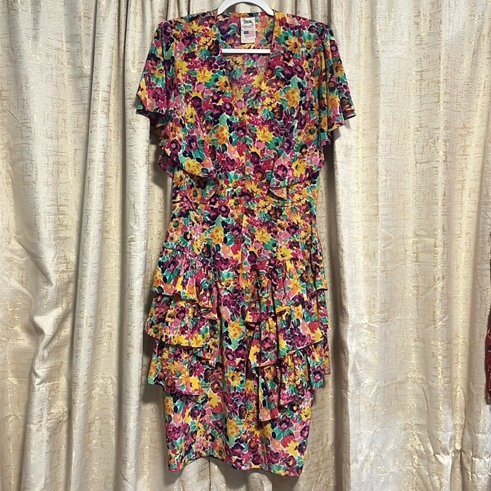 Sandy Sandy Floral Ruffle Dress Women 9/10 Multi 80s Tiered Garden Party Retro